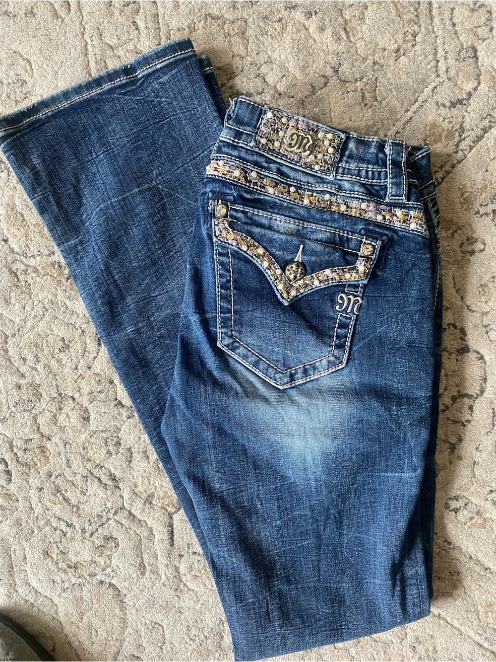 Miss Me Dark Blue Bootcut Jeans with Embellished Pockets. Signature Slim Boot.